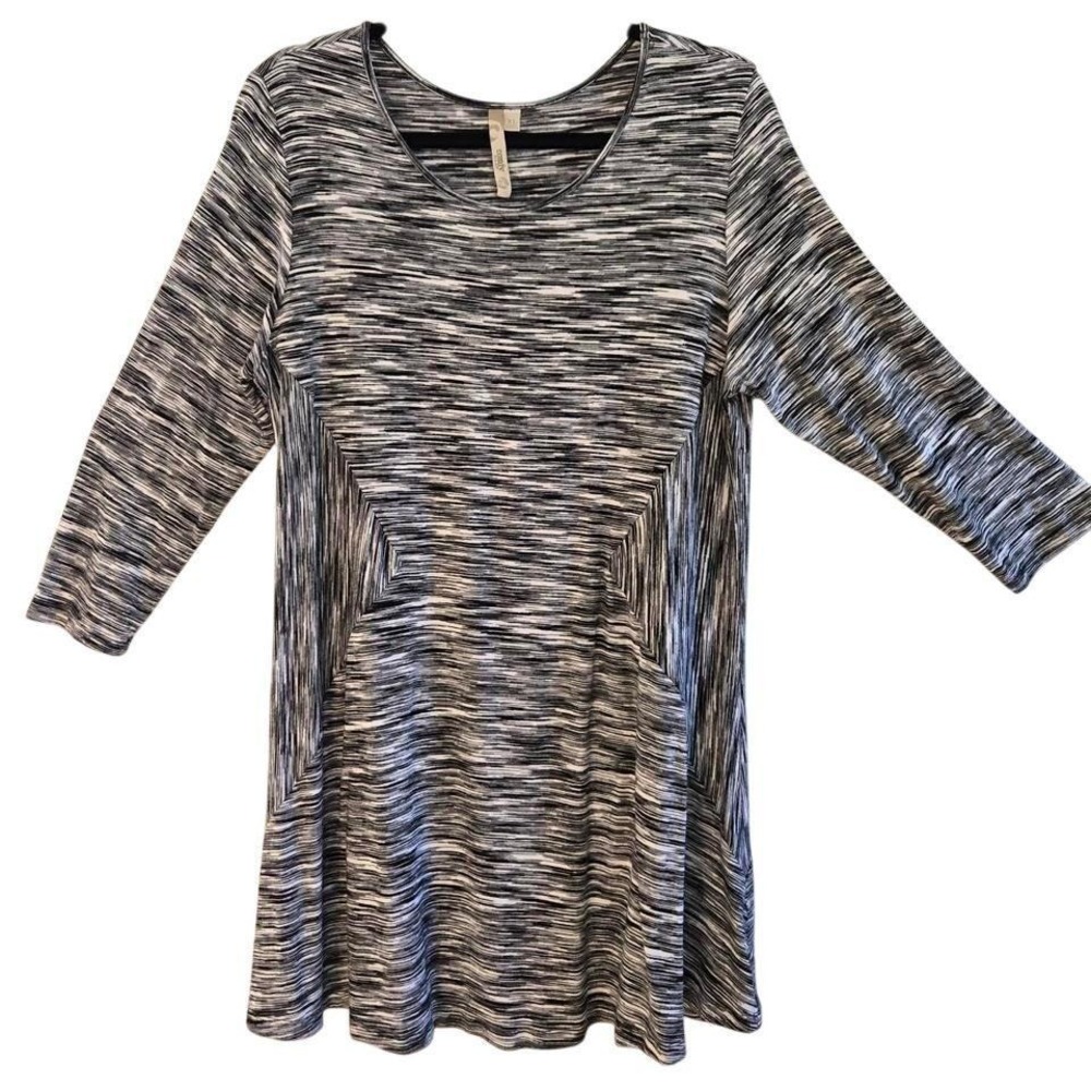 Comfy USA Womens XL Chic Skater Mini Dress Black White Space Dye 3/4 Sleeve
